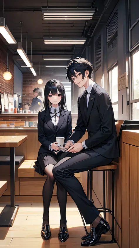 Inside a coffee shop, (（28-year-old man: 1 person)）, (man has short black hair), (man in suit), (（18-year-old high school girl: 1 person）), (woman has long black hair), (high school girl in uniform), counter seats, two people sitting facing each other, two...