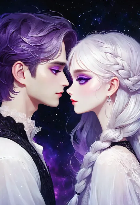 rough texture，Hand drawn style：A couple of lovers A couple staring at each other，Fractal Art，yinji, purple hair, purple eyes, long hair, white hair, double braids, gradient hair, Gothic style clothing，see-through clothes，Lace ，Dark Fantasy，Dramatic lightin...