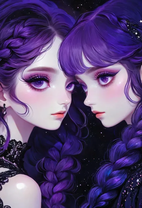 rough texture，Hand drawn style：A couple of lovers staring at each other，Fractal Art，yinji, purple hair, purple eyes, long hair, double braids, gradient hair, Gothic style clothing，see-through clothes，Lace ，Dark Fantasy，Dramatic lighting，cinematic compositi...