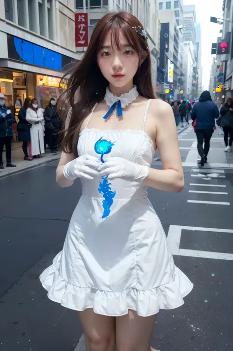 1 girl, height, Masterpiece, alone, anime, nonsense, detailed face, perfect eyes, light blue (fire symbol), upper body, full body, white dress, decorations, white gloves, city scenery, Holding, employee, sing