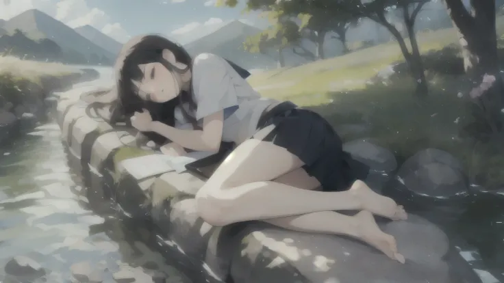 Japanese anime style high school girl napping on a riverbank Miniskirt Barefoot