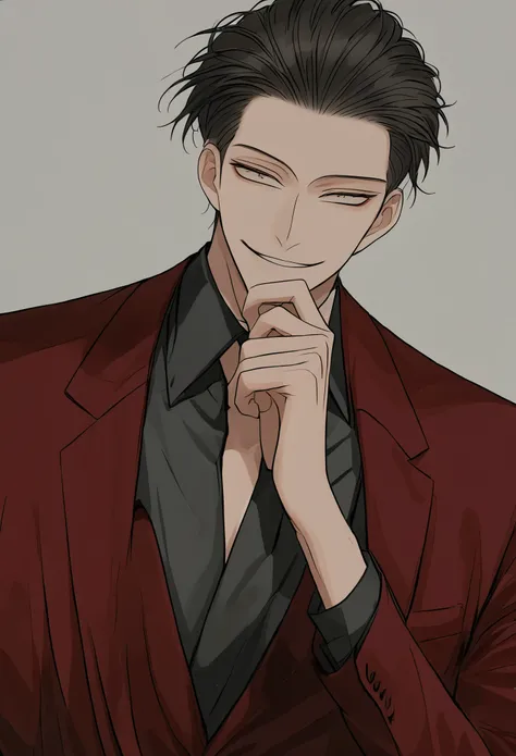 1boy,male focus,solo,smile,shirt,jacket,formal,black hair,red jacket,hair slicked back,suit,necktie,black shirt,short hair,collared shirt,smirk,grin,grey background,hand up,hand on own chin,upper body,fanpai,