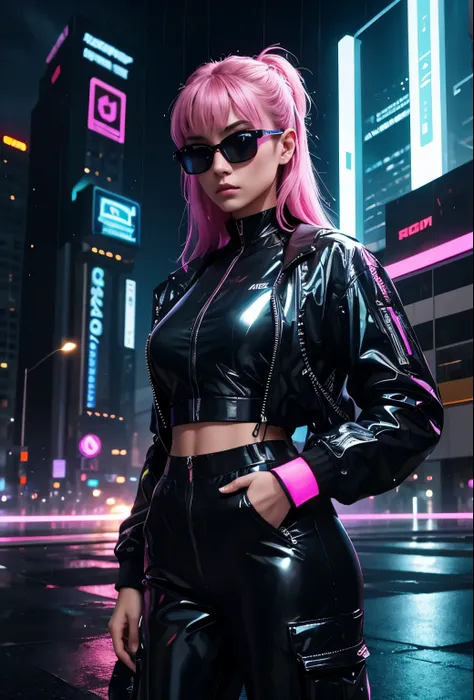 Mexican  female

**Concept:** The model in a bustling, neon-lit cityscape at night, wearing high-fashion streetwear with a futuristic twist.

**Background:**
- **Cityscape:** Vibrant urban setting with towering skyscrapers adorned with glowing digital ads ...