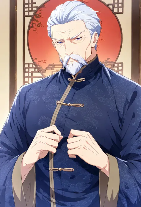 Boy,Male focus,moustache,solo,facial hair,old man,old age,long sleeves,white hair,upper body,Chinese dress,white hair,wrinkled skin,beard,old man,