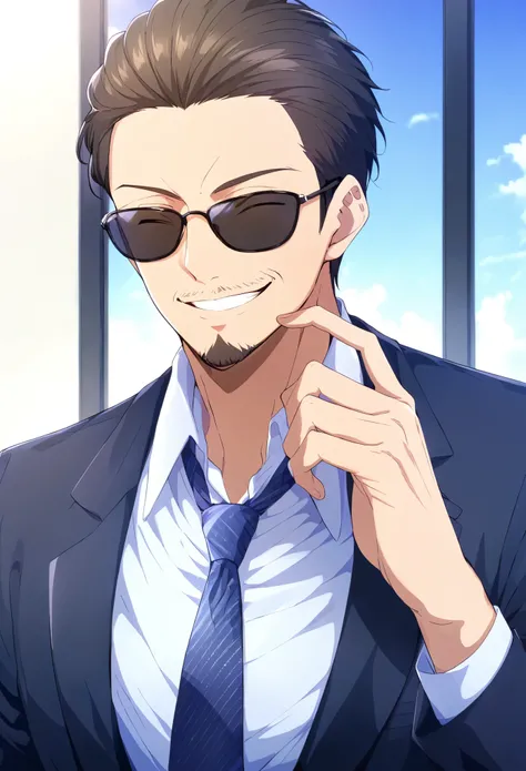 Boy,male focus,tie,formal,smile,suit,sunglasses,solo,black hair,background blur,shirt,upper body,eyes closed,facial hair,grin,