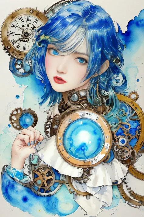 beautiful girl、((Abstract Steampunk Woman)),  Covered in a large amount of blue slime、 Blue and Yellow、 crazy watercolor painting on white canvas, become close, A delicate touch, A true masterpiece watercolor painting, habbuki、masterpiece、highest quality、E...