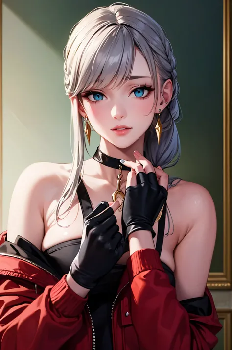 One girl, Aqua Eye,  bangs, Exposing shoulders, Black Gloves, blue eyes, Braiding, choker, Earrings, fingerless gloves, , Grey Hair, Holding, Jacket, jewelry, Long Hair, View Viewer,  Manicure, Off the shoulder, Lips parted, Earrings, ponytail, red Jacket,...