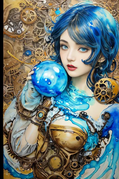 beautiful girl、((Abstract Steampunk Woman)),  Covered in a large amount of blue slime、 Blue and Yellow、 crazy watercolor painting on black canvas, become close, A delicate touch, A true masterpiece watercolor painting, habbuki、masterpiece、highest quality、E...