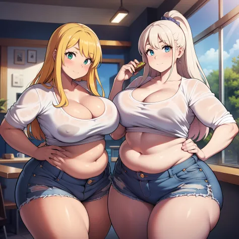 ((highres)), Masterpiece, high quality, best quality, beautiful, perfect lighting, detailed face, ultra cute face, looking at viewer, ((2girls)), blush, one girl has blonde hair, blue eyes, crop top and shorts, one girl has brown hair, green eyes, jeans, w...