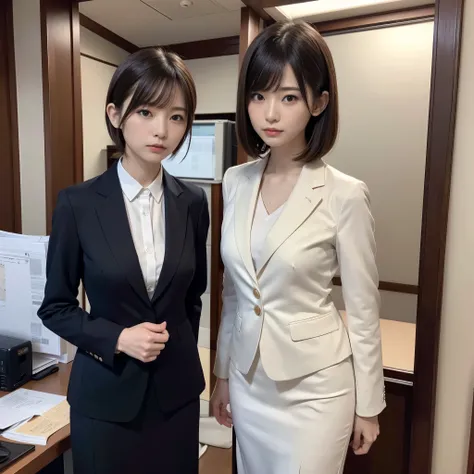 suit,2 lady,realistic,(ultra quality:1.2),japanese,high quality,masterpiece,(ultra detailed:1.4),60yo japanese lady,beautiful face,(skirt-suit:1.1),((office)),(small breast),slender,highres,