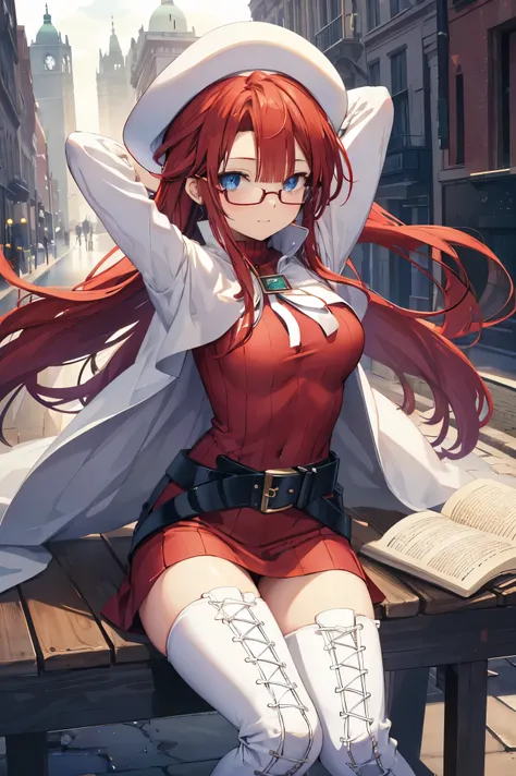 summonnightaty, aty, (young:1.3),long hair, blue eyes, red hair, large_beret, hat, glasses,
BREAK long hair, thighhighs, hat, dress, boots, glasses, belt, cape, sweater, zettai ryouiki, beret, thigh boots, white footwear, ribbed sweater, loose belt,solo,
B...