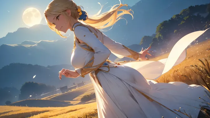 A beautiful woman, (((1 girl, solo, running, (wheat field), turning around, golden eyes, long pure white dress, middle ages, medieval outfit, long sleeves sunset, light from behind, shadow on the figure, smile, laughter, (blue sky), against the background ...