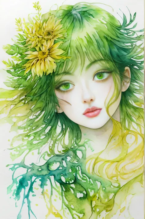 beautiful girl、((Abstract Nature Woman)),  Beautiful Eyes、Wearing a robe of magical plants、 Greenish yellow、 crazy watercolor painting on black canvas, become close, A delicate touch, A true masterpiece watercolor painting, habbuki、masterpiece、highest qual...