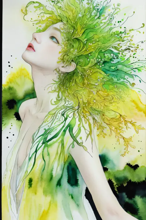 beautiful girl、((Abstract Nature Woman)),  beautiful、Wearing a robe of magical plants、 Greenish yellow、 crazy watercolor painting on black canvas, become close, A delicate touch, A true masterpiece watercolor painting, habbuki、masterpiece、highest quality、E...