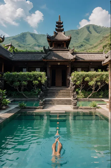 bali indonesia, infinity pool. hyper realistic, high resolution, extra details, quality uhd, photo realistic, high budget, clean tshirt, zoomed out, long-distance lens