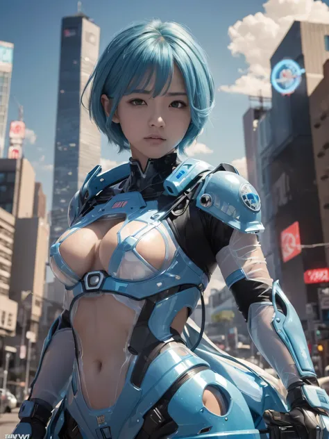 (RAW quality:1.4), One Girl, Japanese, 14 years old, Textured skin, (Sky blue shiny short hair:1.4), Very detailed, Advanced Details, high quality, 最high quality, High resolution, 1080p, hard disk, beautiful,(Gundam),Beautiful cyborg woman,large body,((Wea...