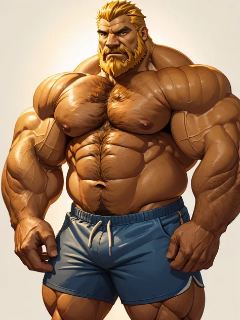 a muscular old man, thick chest hair, bearded, short yellow hair, shirtless, topless, huge muscles, massive muscles, thick arms, wide pectoral, good anatomy, perfect anatomy, wearing shorts, full shot, white background, photorealistic, 8k, high resolution,...