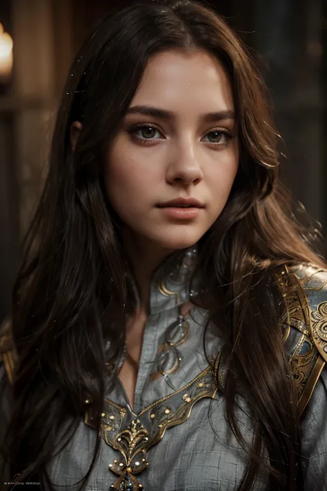 a young girl with long brown hair,grey eyes,beautiful detailed face,beautiful detailed eyes,beautiful detailed lips,extremely detailed eyes and face,longeyelashes,beautiful intricate dress,medieval fantasy,highly detailed,cinematic lighting,photorealistic,...