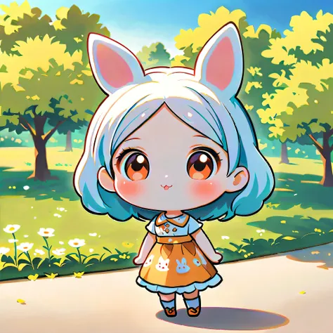 rabbit-like person, cute bunny woman, solitary, small, deformation, 2 heads, full body view, focus on the ears, forest and sprin...