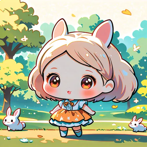 Rabbit-like person, Cute bunny woman, Solitary, small, deformation, 2 heads, Full body view, Focus on the ears, Forest and spring background, Hand drawn illustrations.