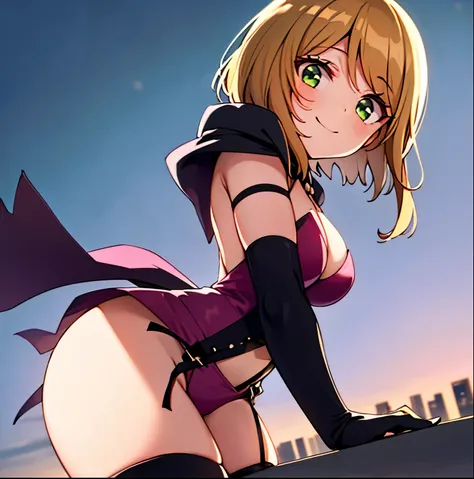 1 girl, alone, desumi magahara, short hair, blonde hair, green eyes, black gloves, pink outfit with black details, cleavage, lar...