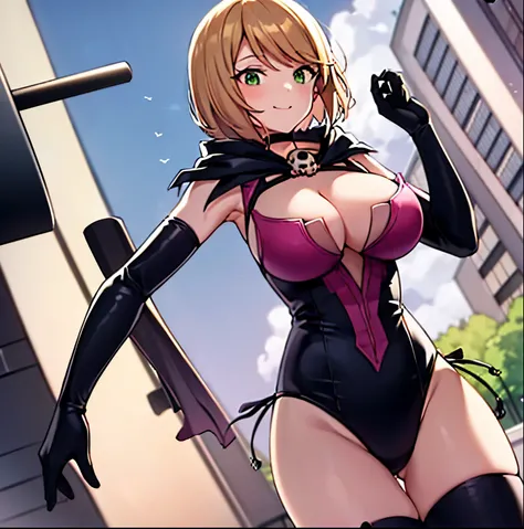 1 girl, alone, desumi magahara, short hair, blonde hair, green eyes, black gloves, pink outfit with black details, cleavage, large breasts, medium waist, wide hips, medium thighs, round butt, cape, boned decorations, up to the elbow gloves, thigh high stoc...