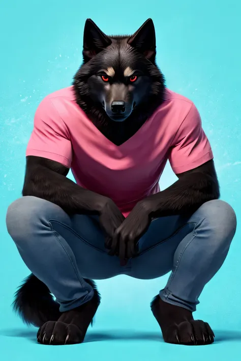 squat pose legs open male black wolf furry blue background red eyes look front jeans and pink shirts