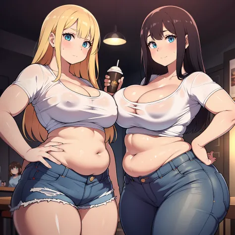 ((highres)), Masterpiece, high quality, best quality, beautiful, perfect lighting, detailed face, ultra cute face, looking at viewer, ((2girls)), blush, one girl has blonde hair, blue eyes, crop top and shorts, one girl has brown hair, green eyes, jeans, w...