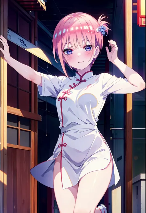 ichikanakano, ichika nakano, short hair, bangs, blue eyes, Hair between the eyes, Pink Hair, One side up, happy smile, smile, Open your mouth,blush,Open your mouth,White cheongsam,White long slit,Stiletto heels,Put your arms behind your back and look,To in...