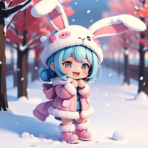 Character laughs out loud, Cartoon girl wearing a bunny ears hat,  Fluffy clothes,Snow boots,snow,sunny,The cutest stickers ever, Cute digital art, Chibi Girl, Cute anime style, Cute and detailed digital art, Anime Chibi, Cute Anime Girl, Chibi Anime Girl,...