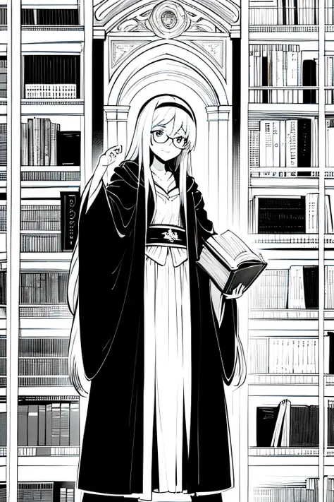 Black robe glasses long hair girl book black and white