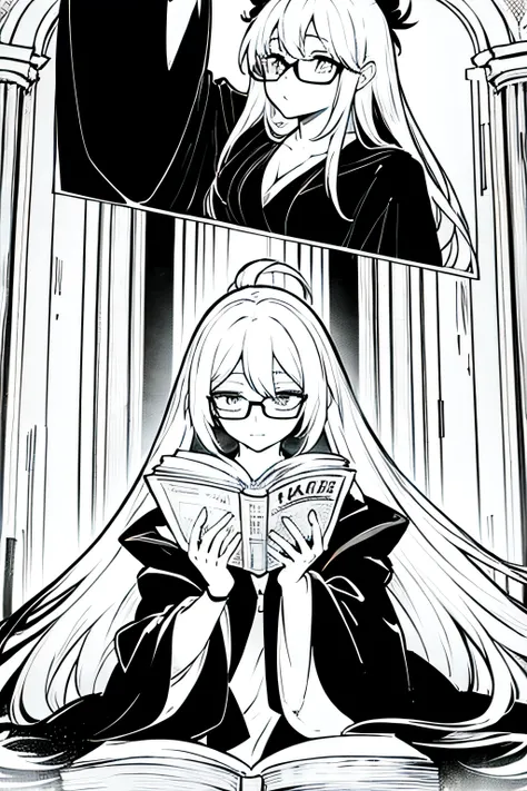 Black robe glasses long hair girl book black and white