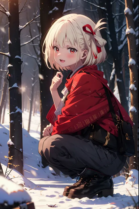 chisatonishikigi, Chisato Nishikigi, short hair, bangs, blonde, (Red eyes:1.5), Hair Ribbon, One side up, Bobcut,smile,blush,happy smile, smile, Open your mouth,
White Breath, Open your mouth,snow, Ground bonfire, Outdoor, boots, snowing, From the side, wo...