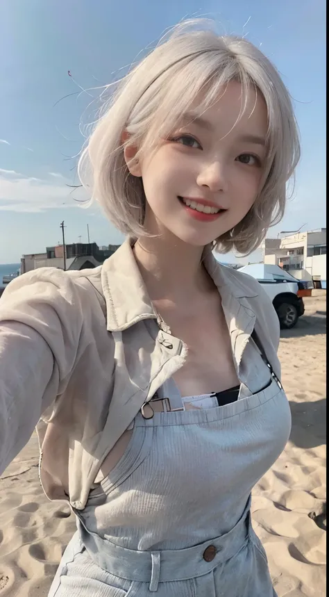 Best image quality、RAW Photos、超A high resolution、21 years old Korean、Small breasts、Dynamic Angle、Cowboy Shot、Chaos in its most beautiful form、elegant、Brutalist Design、Vibrant colors、Beautiful white hair、Short Bob、smile、fun、smile、Glowing White Skin、Beautifu...