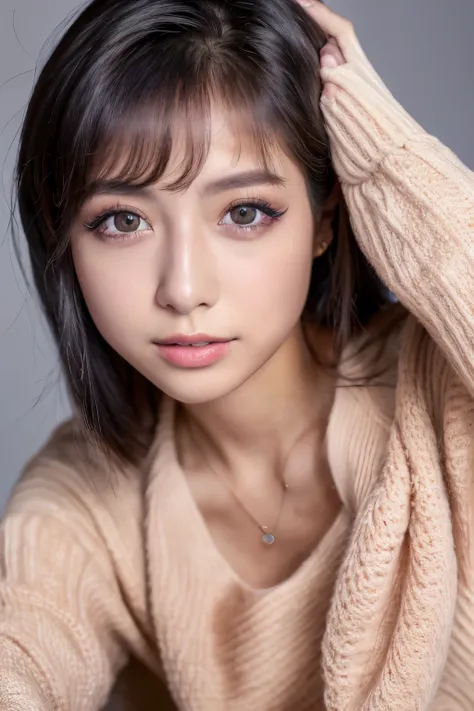 Front face,close,Natural Makeup,Realistic,(20-year-old:1.2),(highest quality, 8k, 32k, masterpiece, Ultra-high resolution:1.2),Beautiful Japanese Women Photos(Japanese:1.2),Iris, Black Hair,