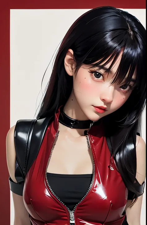 digital art drawing, illustration of (anime girl, long black hair with bangs, brown eyes, flat chest, confident look, black and red latex suit, tactical vest), anime drawing/art, bold linework, illustration, digital art, masterpiece, flat illustration, no ...