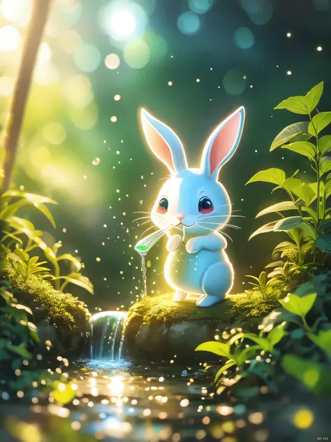 masterpiece, Macro shot of a rabbit drinking water in the forest, night, mushroom, Dew Drops, High contrast, Studio Ghibli style, very complicated, Very detailed, Realistic style
