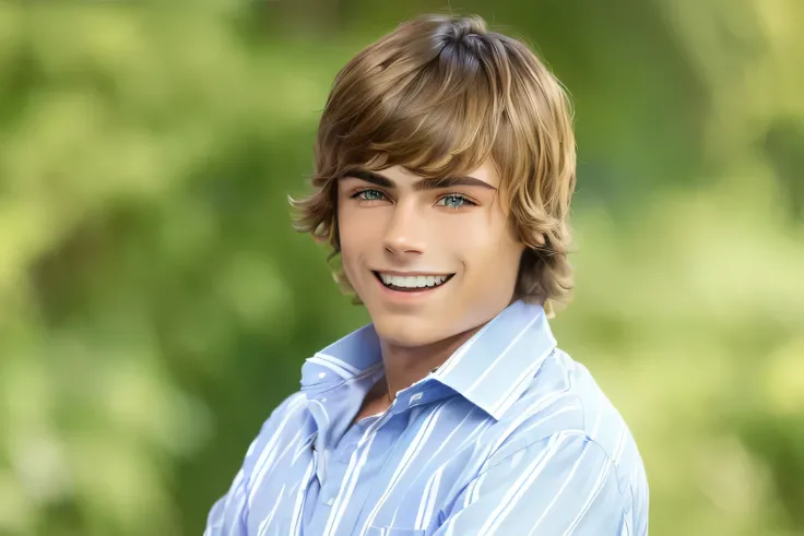 arafed young man with a blue shirt and white striped shirt, zac efron, young man with medium - length, cute young man, flipped out hair, teen boy, male teenager, cute boy, young with long hair, shaggy haircut, promotional still, adam, beautiful young man, ...