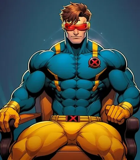 male, (yellow underwear:1), blue suit, cyclops, body, x-men, red glasses, laser glasses, (masterpierce:1.2), super heroes, flexi...