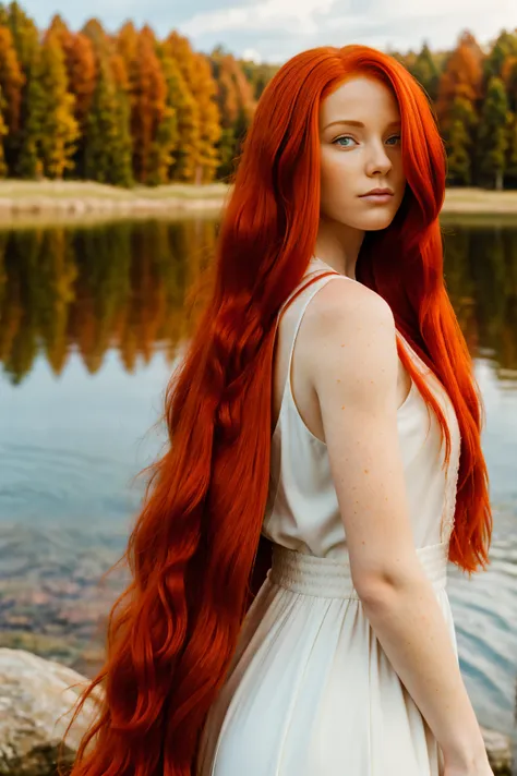 redhead haired woman with long red hair standing in front of a lake, red haired goddess, beautiful redhead woman, redhead woman,...