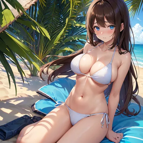 (This is a close-up shot of a young anime girl in a bikini on the beach:1.4),(solo:1.4),(1girl:1.4),(long brown hair:1.3),(blue eyes:1.2),(white bikini top:1.3),(white bikini bottom:1.2),(navel:1.1),(sitting on the beach:1.3),(palm trees in the background:...