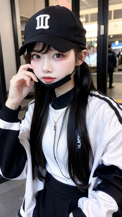 arafed woman with headphones and a baseball cap on, ulzzang, 🤤 girl portrait, anime girl in real life, korean girl, pale round f...