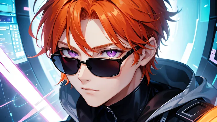 epic scene a close up half body person in jacket, illustration of an orange-haired male character with purple eyes and glasses, His personality is INTJ and intersted in technology.