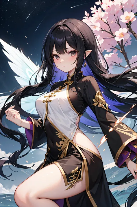 Black long-haired female fairy wearing a cheongsam with wing-shaped hair and gold trim