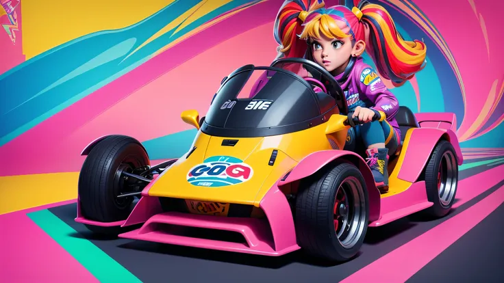 a poster inspired by the 90s aesthetic that includes anime, arcade, nostalgic and colorfull colors, go kart, one girl in the go kart