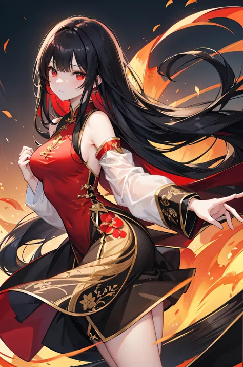 Long black hair, red inner hair, wing-shaped hair, gold-trimmed cheongsam, height 180cm, medium breasts