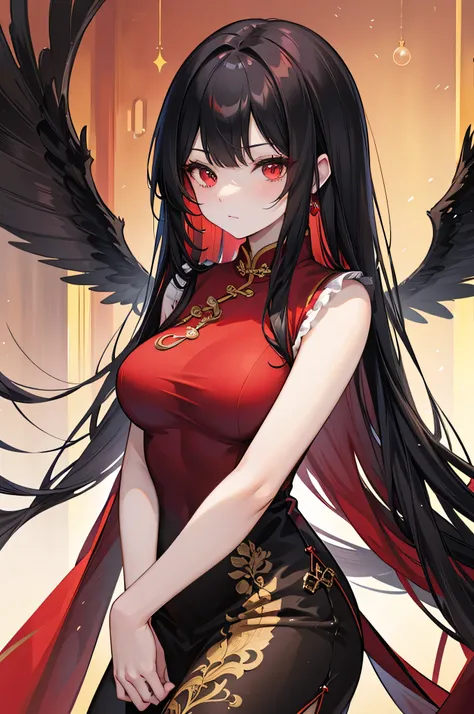 Long black hair, red inner hair, wing-shaped hair, gold-trimmed cheongsam, height 180cm, medium breasts