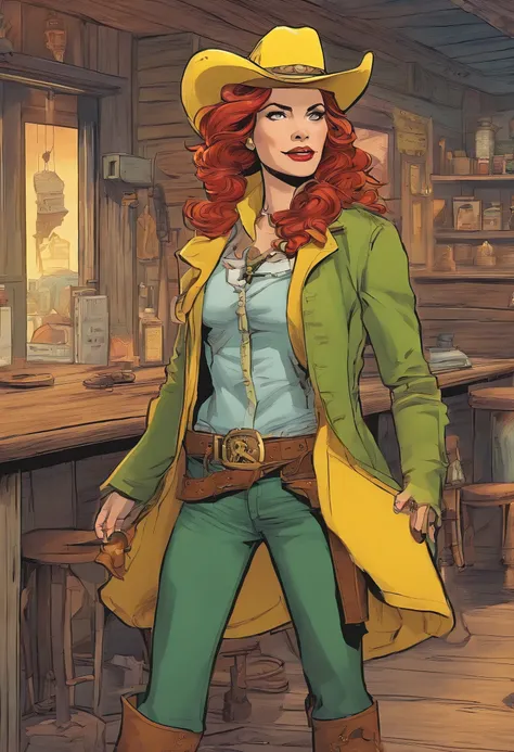 Action scene in a Western Comic, Buffalo Belle, a woman with red hair, dressed in a green overcoat, yellow cowboy hat and well-worn yellow pants, enters a saloon with pistols ((pointed to the viewer )). whole body