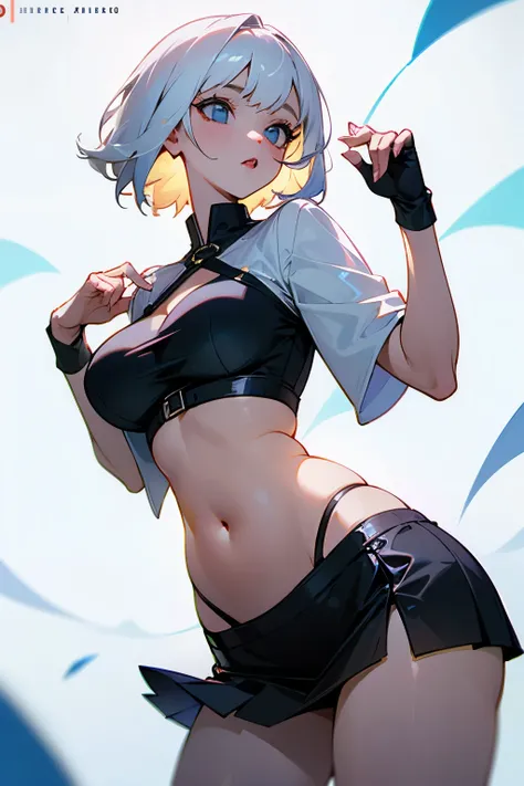 Girl, short white hair, blue ring, big breasts, exposed belly, short skirt