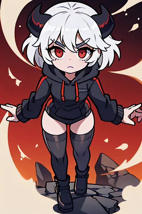 one girl,white hair,black horns,short stature ,red eyes,short hair,bushy brows,black hoodie,tired eyes,fullbody,thigh highs,white background,hands in hoodie,sleep deprived,eye dark circles